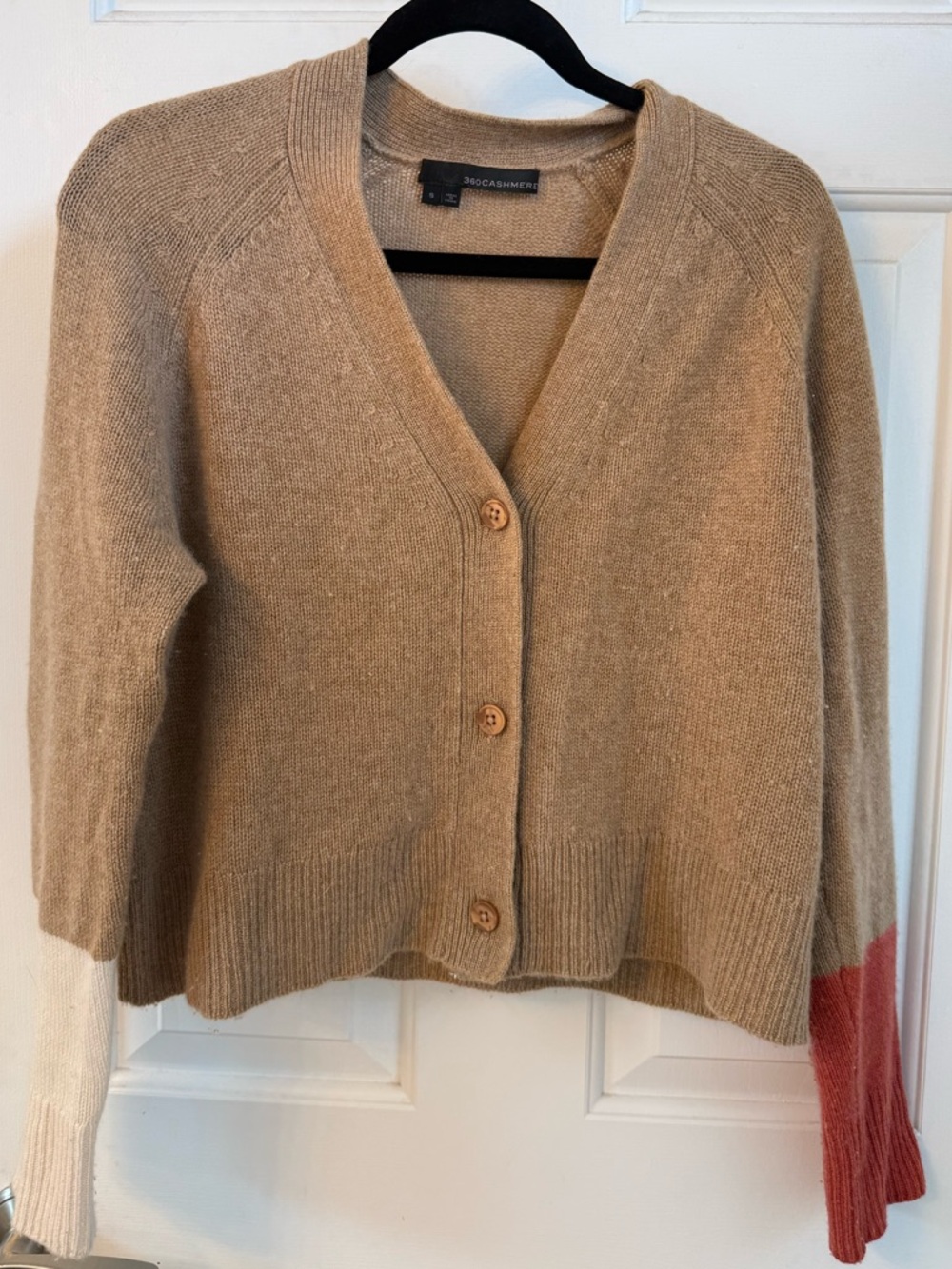 360 Cashmere Beige V-Neck Colorblock Cashmere Cardigan